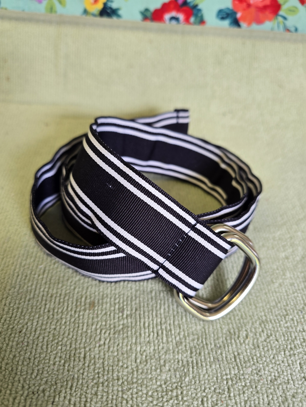 Lands' End Navy Blue & White Striped D-Ring Buckle Fabric Belt